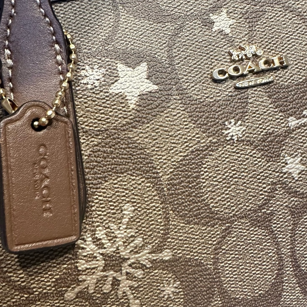NWT Coach Mini City Tote Signature Canvas Khaki Saddle Gold Star Snowflake Bag - Picture 4 of 10